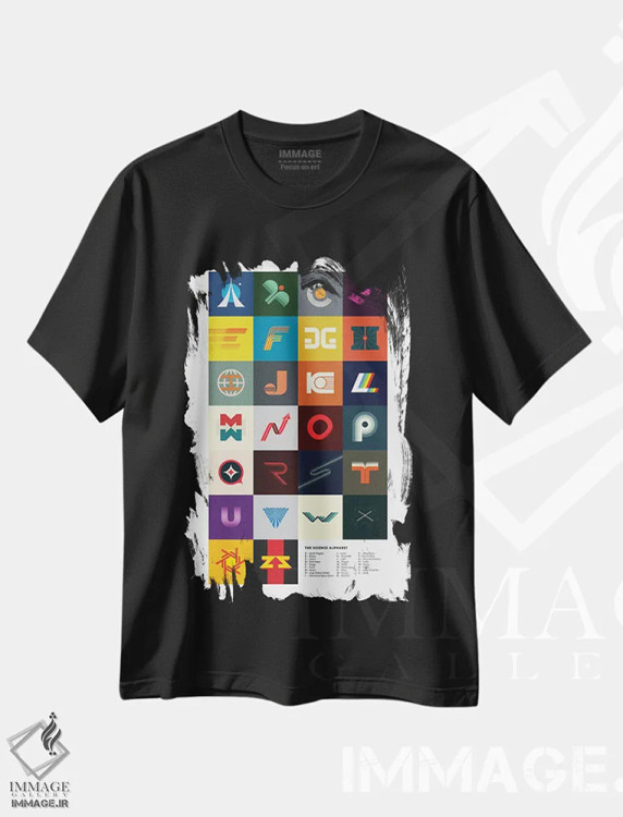 تیشرت مشکی طرح دار الفبای علم، تزئینی اثر طراحی ۲۰۴۶ | immage.ir