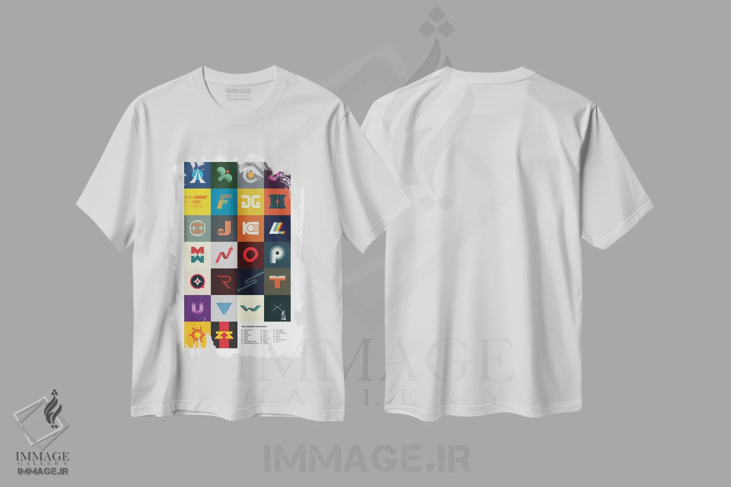 تیشرت سفید طرح دار الفبای علم، تزئینی اثر طراحی ۲۰۴۶ | فروشگاه ایماژ