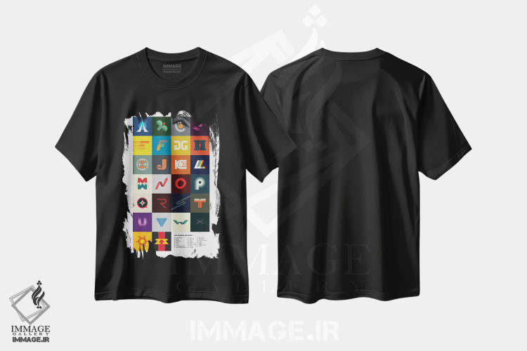 تیشرت مشکی طرح دار الفبای علم، تزئینی اثر طراحی ۲۰۴۶ | immage.ir