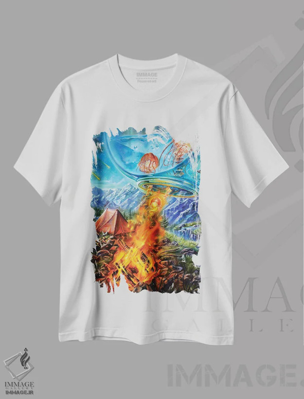 تیشرت سفید طرح دار سفر کمپینگ، هنر فاخر معاصر اثر درک تورکوت | فروشگاه ایماژ