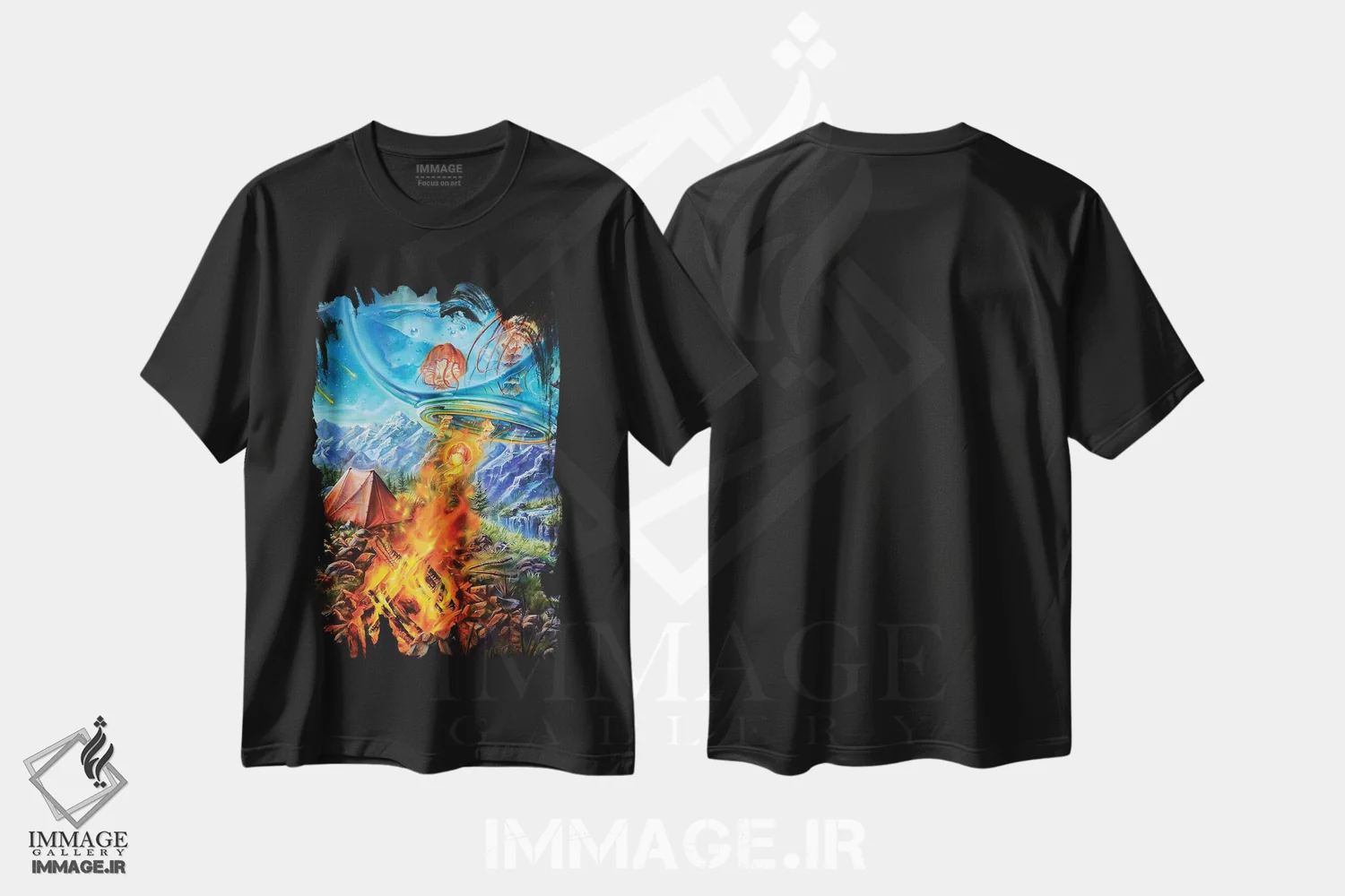 تیشرت مشکی طرح دار سفر کمپینگ، هنر فاخر معاصر اثر درک تورکوت | immage.ir