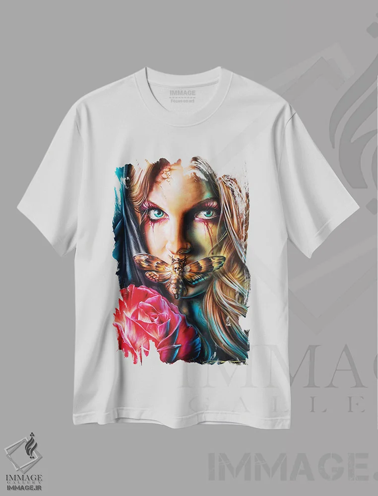 تیشرت سفید طرح دار شب پره مرگ، هنر فاخر معاصر اثر درک تورکوت | immage.ir