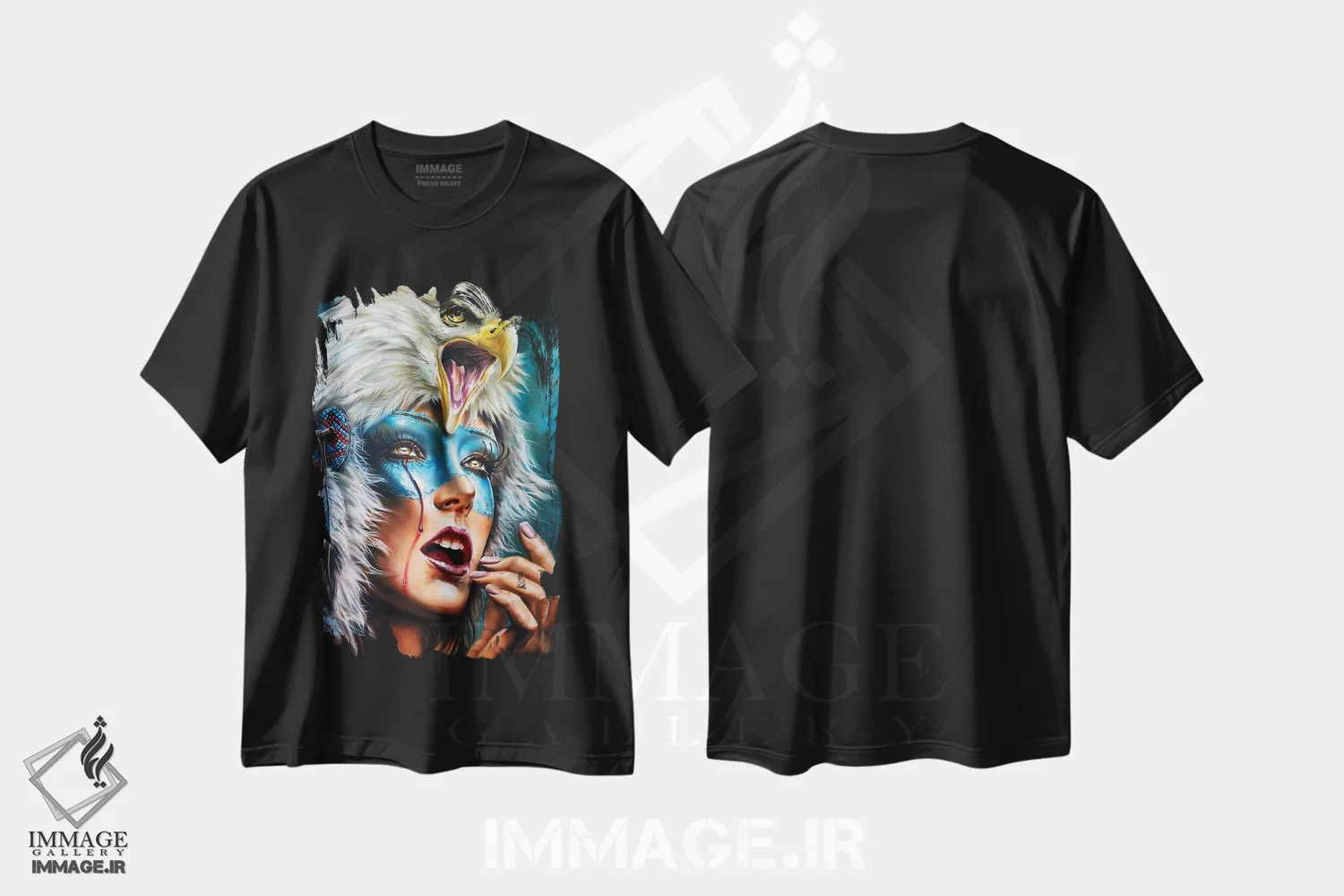 تیشرت مشکی طرح دار کلاه پوست روح عقاب، هنر فاخر معاصر اثر درک تورکوت | فروشگاه ایماژ