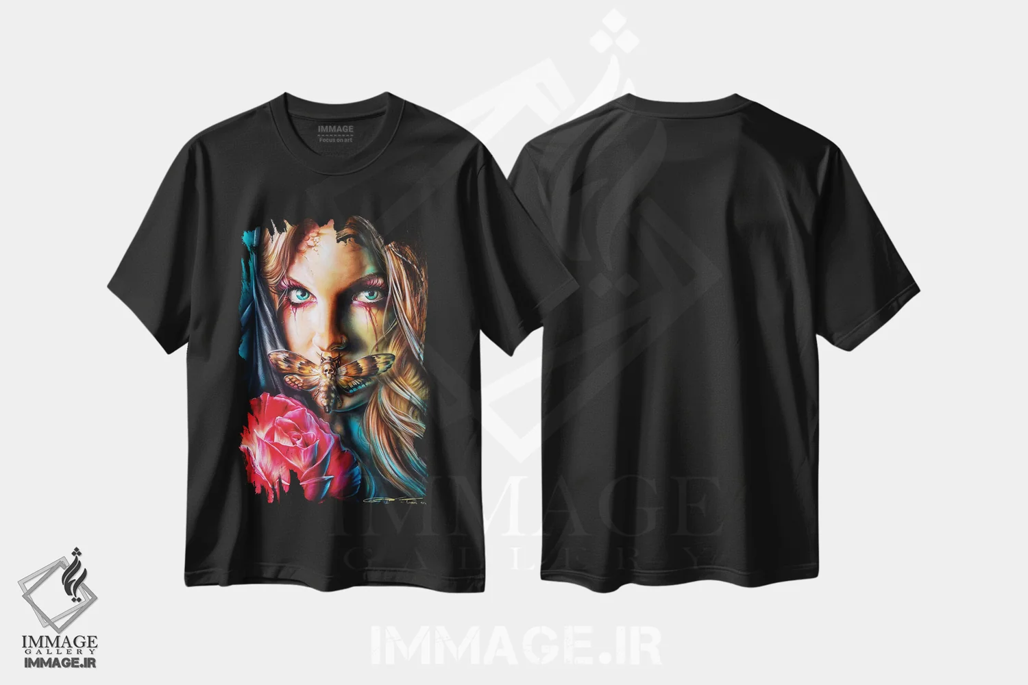 تیشرت مشکی طرح دار شب پره مرگ، هنر فاخر معاصر اثر درک تورکوت | فروشگاه ایماژ