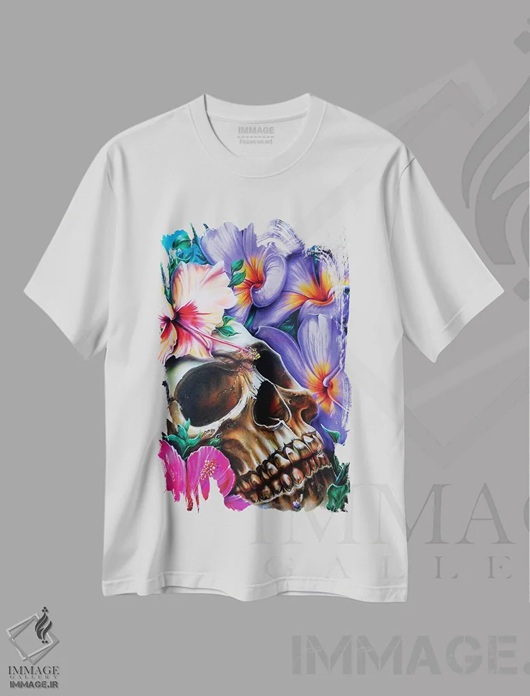 تیشرت سفید طرح دار زندگی و مرگ، هنر فاخر معاصر اثر درک تورکوت | فروشگاه ایماژ