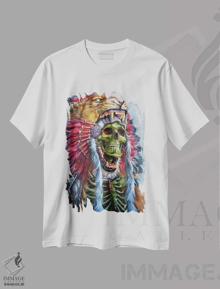 تیشرت سفید طرح دار شیر جنگجو، هنر فاخر معاصر اثر درک تورکوت | فروشگاه ایماژ