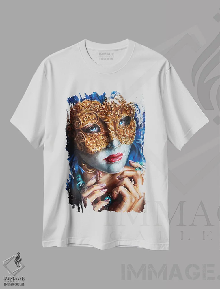 تیشرت سفید طرح دار نقاب دار، هنر فاخر معاصر اثر درک تورکوت | فروشگاه ایماژ