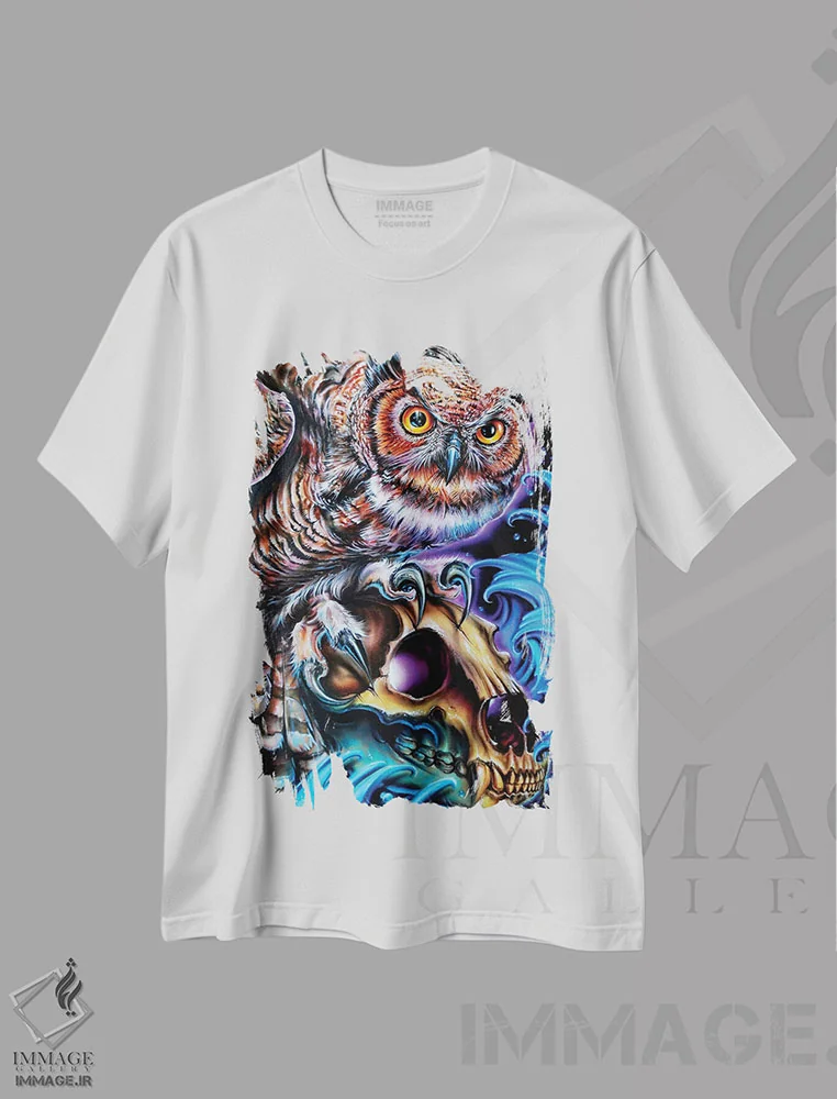 تیشرت سفید طرح دار جمجمه جغد و خرس، هنر فاخر معاصر اثر درک تورکوت | فروشگاه ایماژ