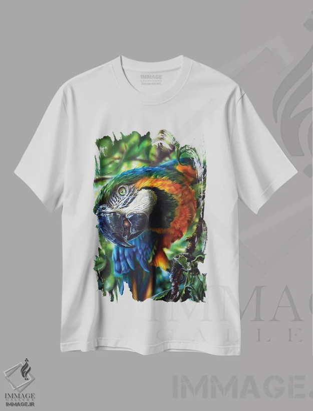 تیشرت سفید طرح دار طوطی II، هنر فاخر معاصر اثر درک تورکوت | فروشگاه ایماژ