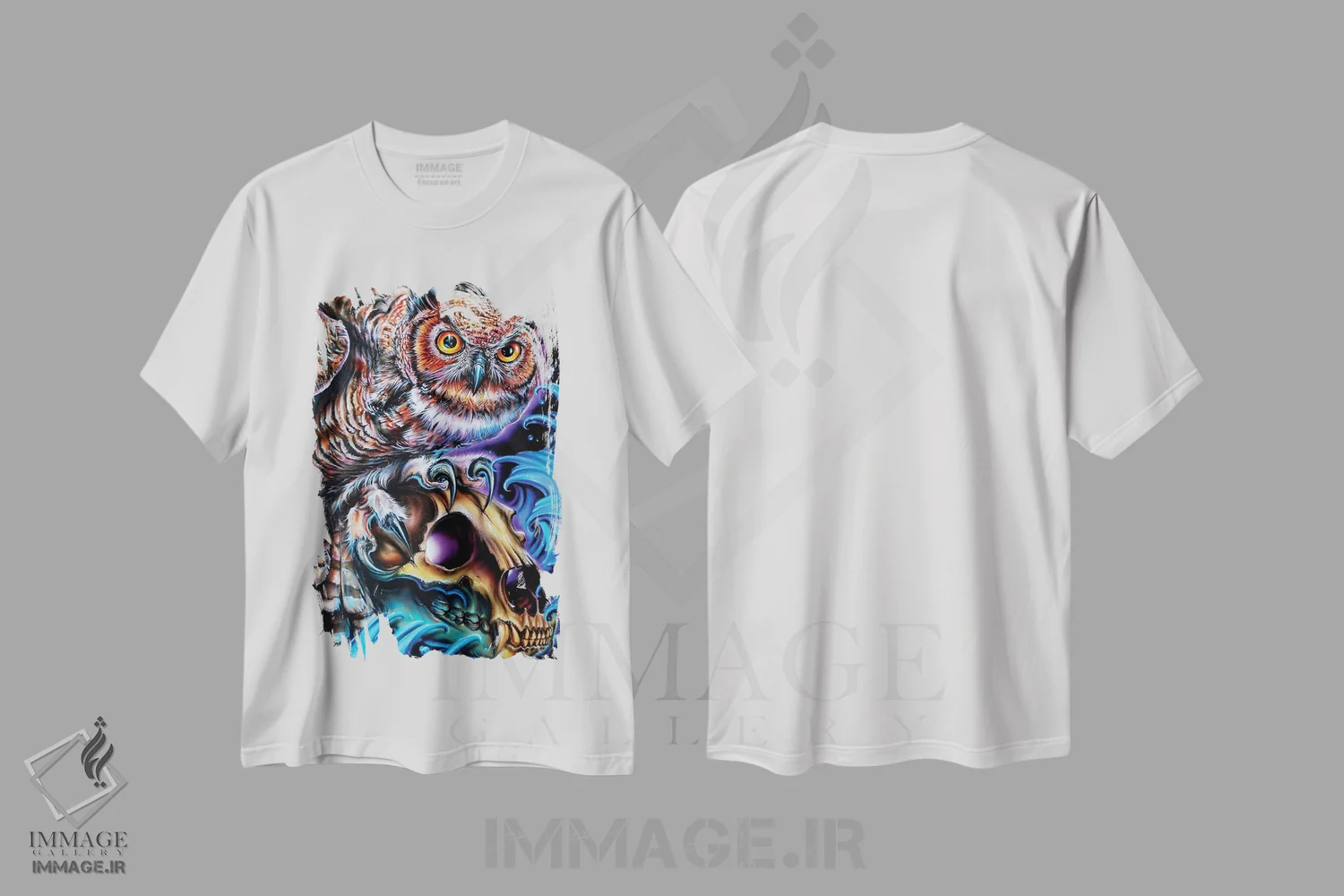 تیشرت سفید طرح دار جمجمه جغد و خرس، هنر فاخر معاصر اثر درک تورکوت | فروشگاه ایماژ