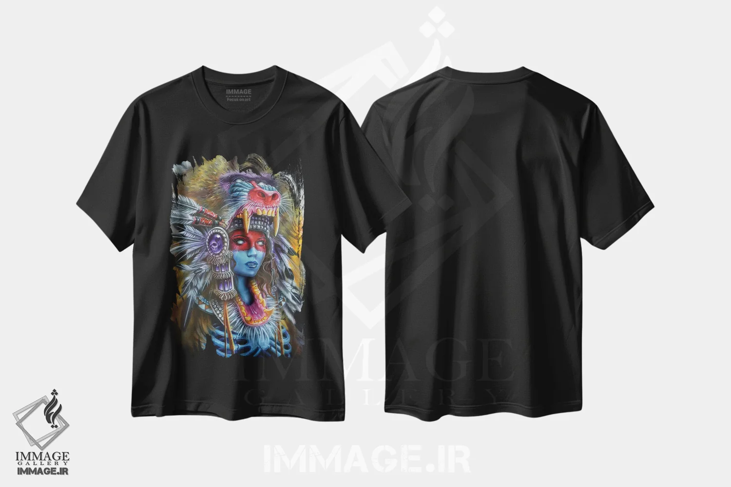 تیشرت مشکی طرح دار زن شکارچی بابون، هنر فاخر معاصر اثر درک تورکوت | فروشگاه ایماژ