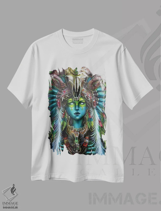 تیشرت سفید طرح دار زن شکارچی جادوی ووودو، هنر فاخر معاصر اثر درک تورکوت | فروشگاه ایماژ