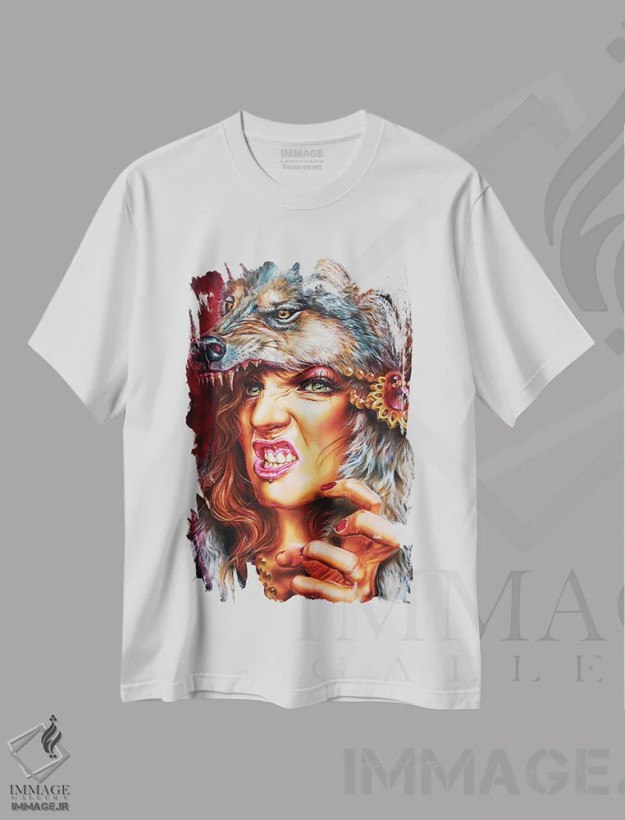 تیشرت سفید طرح دار دختر گرگ، هنر فاخر معاصر اثر درک تورکوت | فروشگاه ایماژ