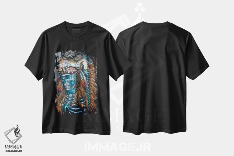 تیشرت مشکی طرح دار کلاه پوست روح گرگ، هنر فاخر معاصر اثر درک تورکوت | فروشگاه ایماژ
