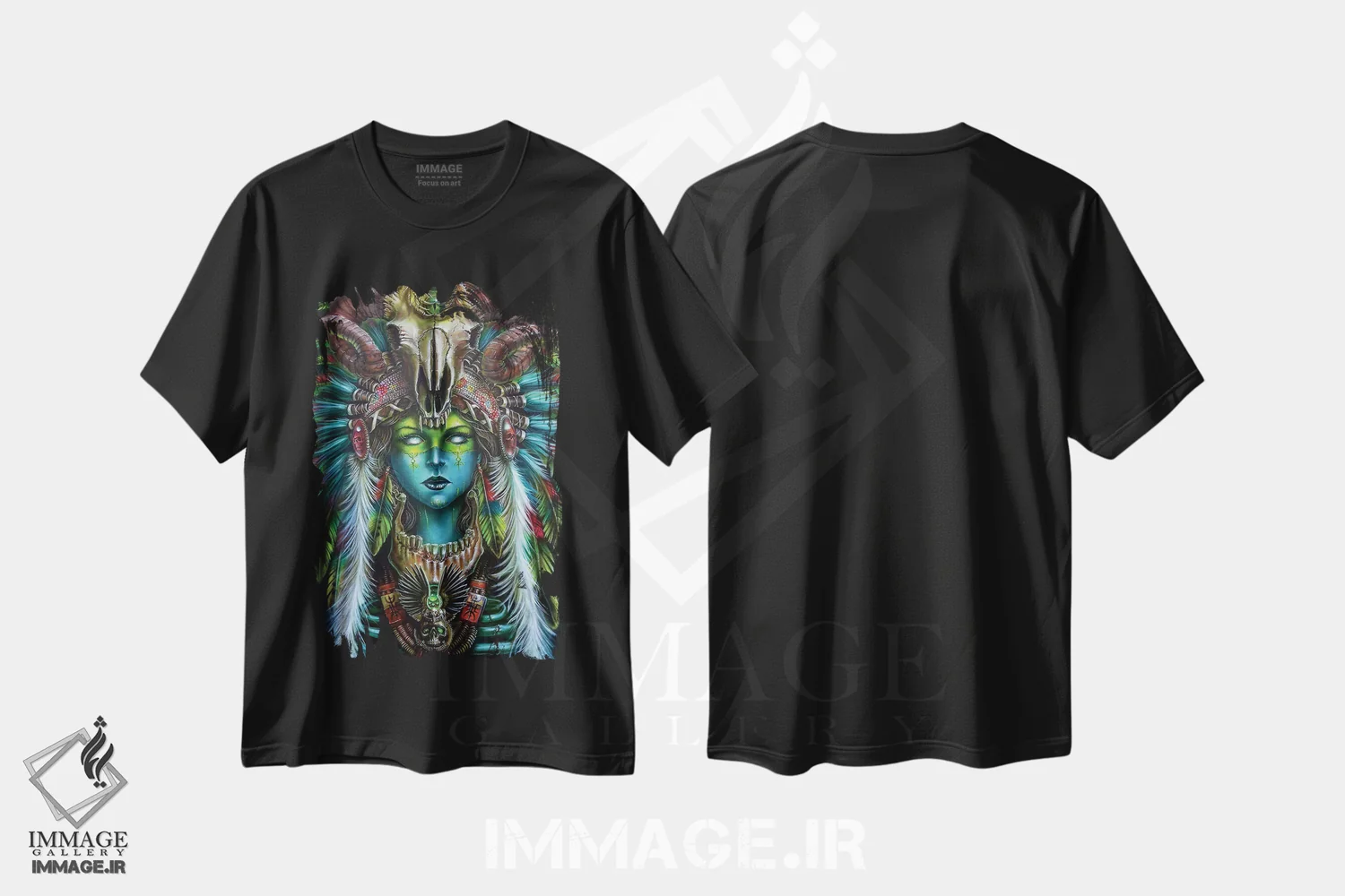 تیشرت مشکی طرح دار زن شکارچی جادوی ووودو، هنر فاخر معاصر اثر درک تورکوت | immage.ir
