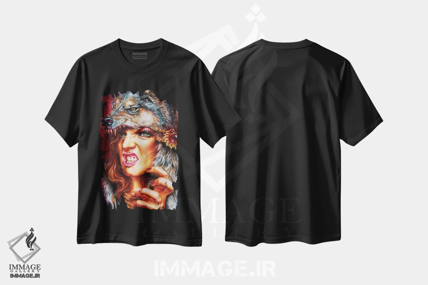 تیشرت مشکی طرح دار دختر گرگ، هنر فاخر معاصر اثر درک تورکوت | immage.ir