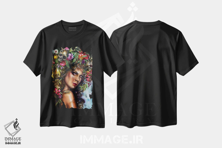 تیشرت مشکی طرح دار دختر میوه ای، هنر فاخر معاصر اثر درک تورکوت | فروشگاه ایماژ
