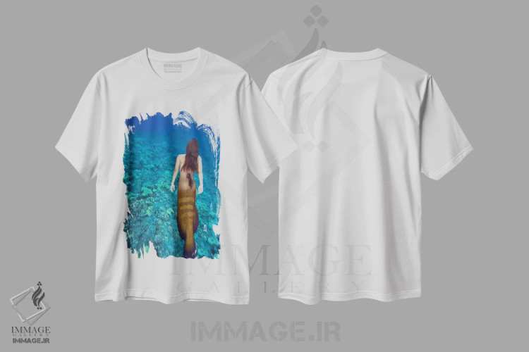 تیشرت سفید طرح دار تصویر ترکیبی دیجیتالی: پری دریایی و ماموت پشمالو، مدیوم اثر دیوید فلیتهام | فروشگاه ایماژ