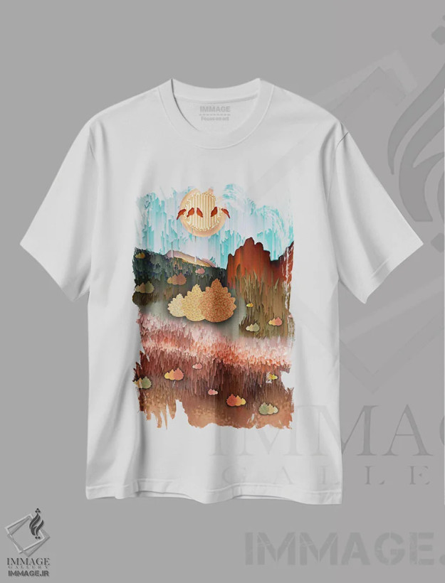 تیشرت سفید طرح دار بیابان انتزاعی، آبستره اثر دارلا فرارا | فروشگاه ایماژ