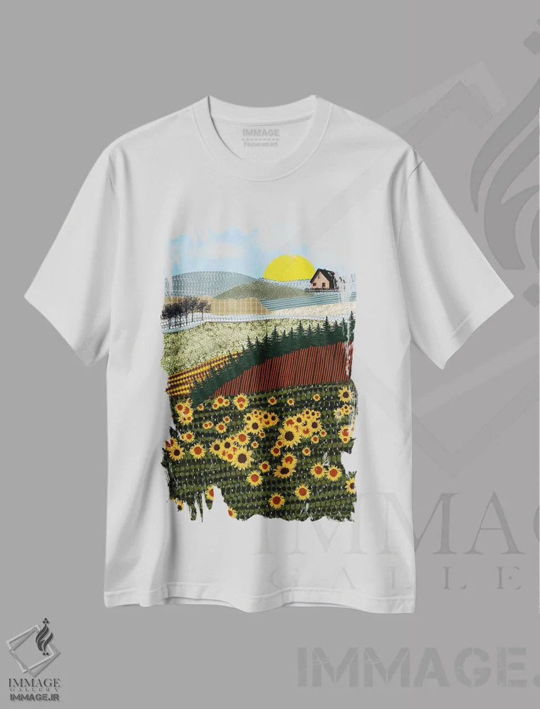 تیشرت سفید طرح دار خانه ای روی تپه با گل های آفتابگردان، هنر دیجیتال اثر دارلا فرارا | فروشگاه ایماژ