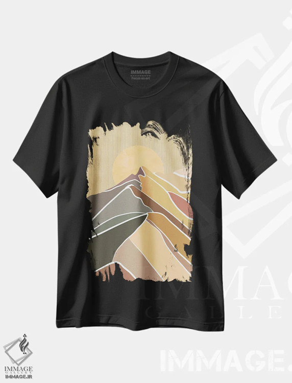 تیشرت مشکی طرح دار ماه بر فراز کوه ها در رنگ های روشن، آبستره اثر دارلا فرارا | immage.ir