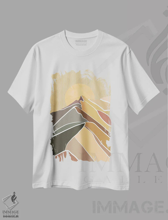تیشرت سفید طرح دار ماه بر فراز کوه ها در رنگ های روشن، آبستره اثر دارلا فرارا | فروشگاه ایماژ