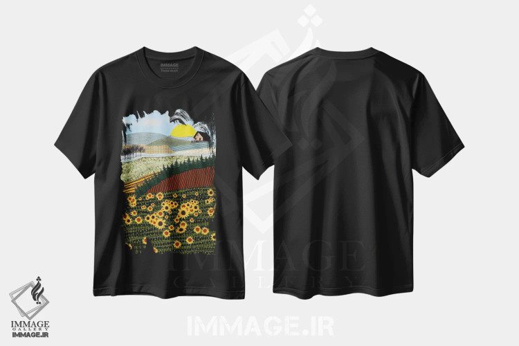 تیشرت مشکی طرح دار خانه ای روی تپه با گل های آفتابگردان، هنر دیجیتال اثر دارلا فرارا | immage.ir