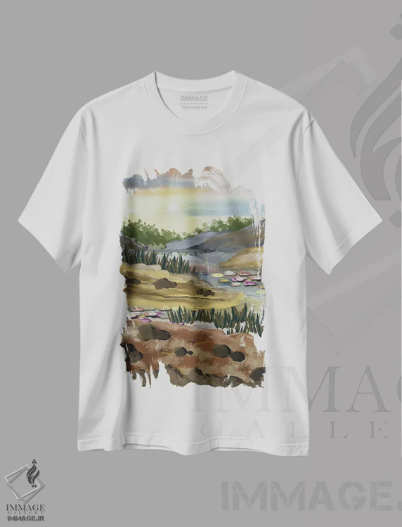 تیشرت سفید طرح دار خورشید بر فراز رودخانه، هنر دیجیتال اثر دارلا فرارا | immage.ir