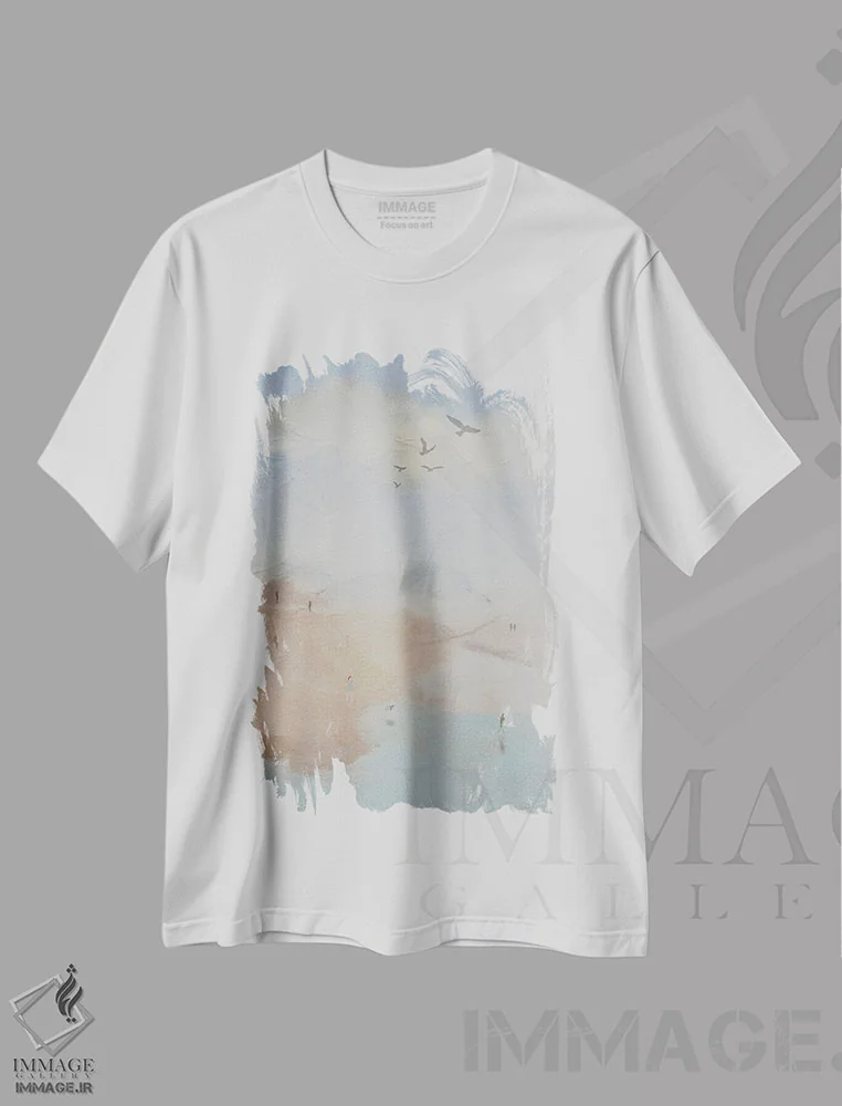 تیشرت سفید طرح دار ساحل کوهستانی، آبستره اثر دارلا فرارا | immage.ir