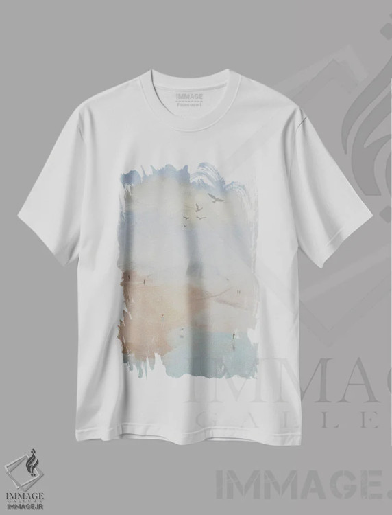 تیشرت سفید طرح دار ساحل کوهستانی، آبستره اثر دارلا فرارا | immage.ir