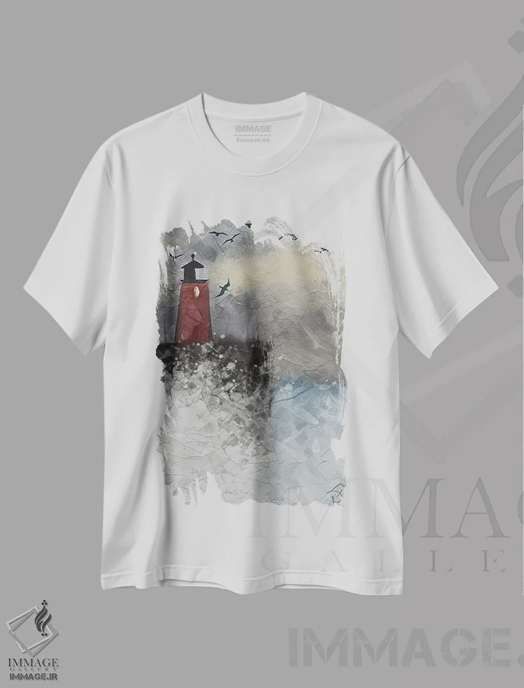 تیشرت سفید طرح دار فانوس دریایی در میان امواج، تزئینی اثر دارلا فرارا | فروشگاه ایماژ