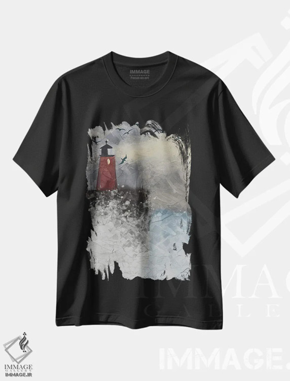 تیشرت مشکی طرح دار فانوس دریایی در میان امواج، تزئینی اثر دارلا فرارا | immage.ir