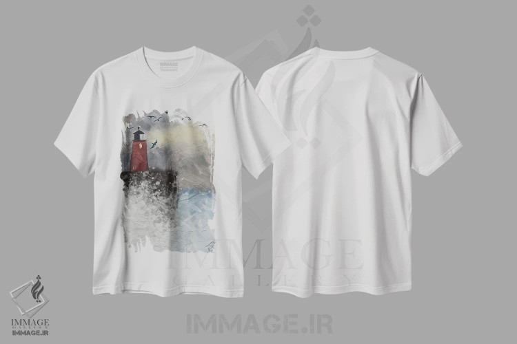 تیشرت سفید طرح دار فانوس دریایی در میان امواج، تزئینی اثر دارلا فرارا | فروشگاه ایماژ