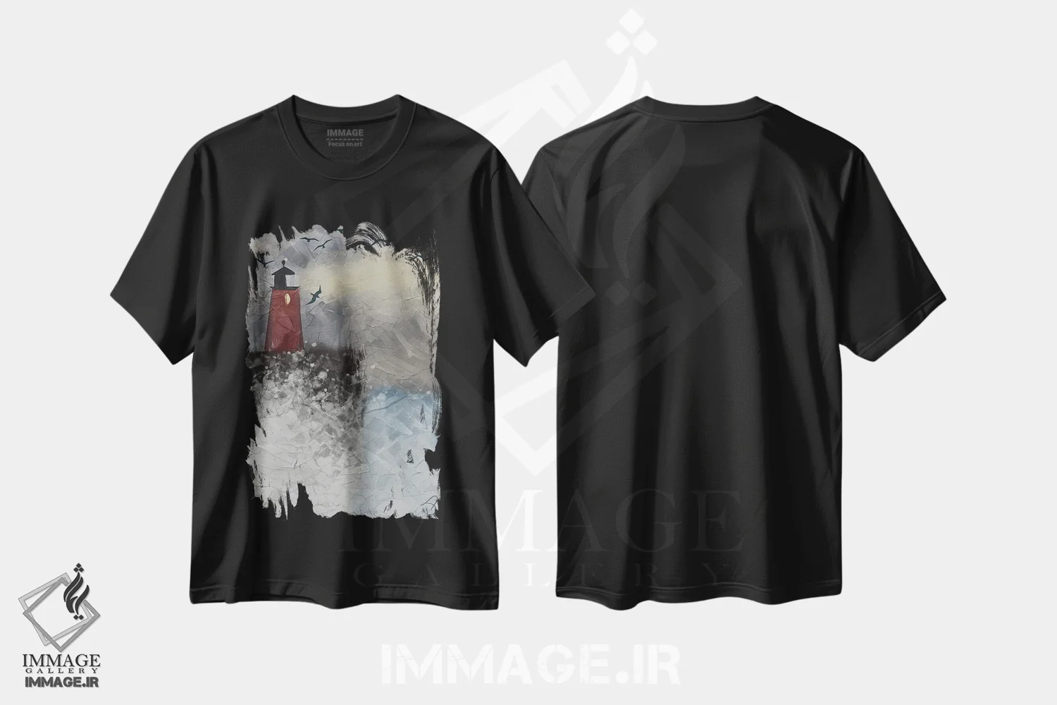 تیشرت مشکی طرح دار فانوس دریایی در میان امواج، تزئینی اثر دارلا فرارا | immage.ir
