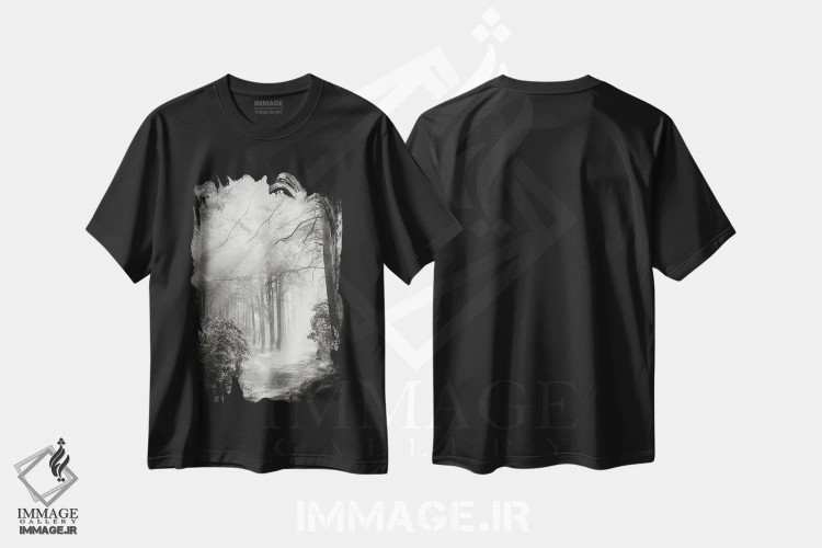 تیشرت مشکی طرح دار جنگل افسانه ای، عکاسی سیاه و سفید اثر دوریت فوگ | فروشگاه ایماژ