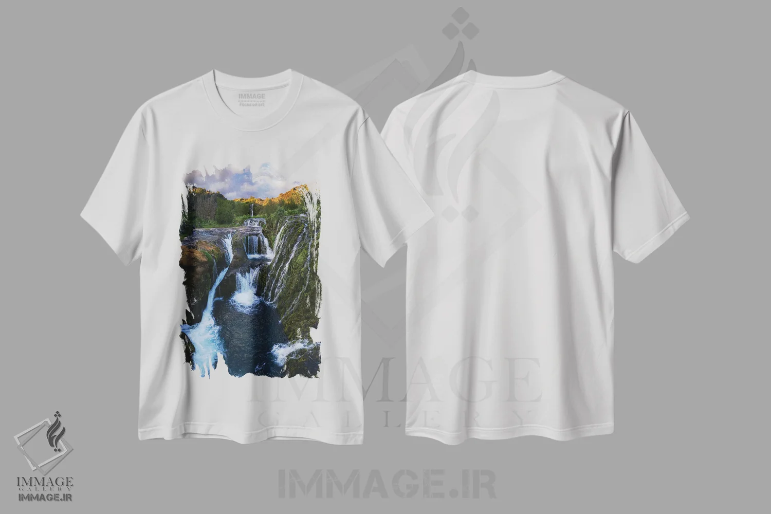 تیشرت سفید طرح دار بهشت آبشارها در ایسلند، مدیوم اثر دنیل گاستاگر | فروشگاه ایماژ