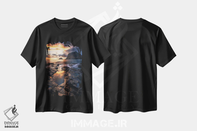 تیشرت مشکی طرح دار غروب طلایی در هاوک لند، مدیوم اثر دنیل گاستاگر | فروشگاه ایماژ