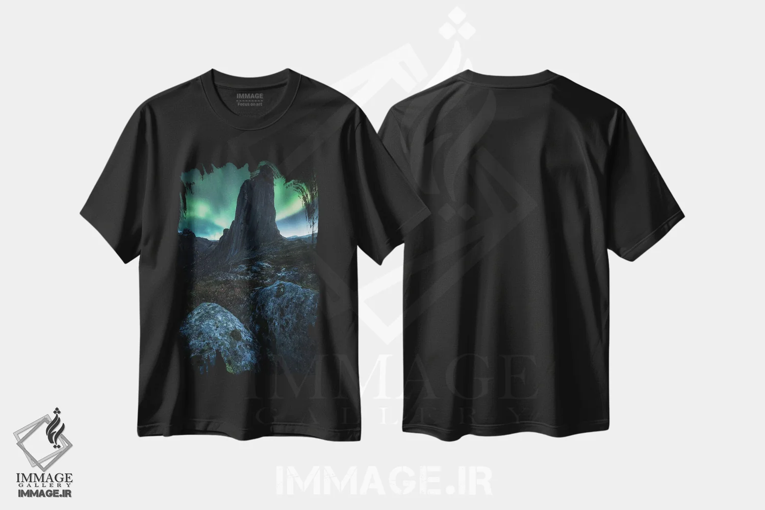 تیشرت مشکی طرح دار شفق قطبی در جزیره سنیا، مدیوم اثر دنیل گاستاگر | فروشگاه ایماژ