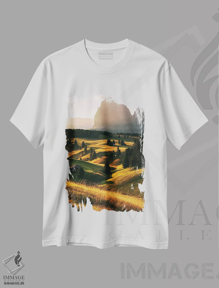 تیشرت سفید طرح دار صبح تابستانی طلایی در آلپه دی سوییسی، مدیوم اثر دنیل گاستاگر | فروشگاه ایماژ
