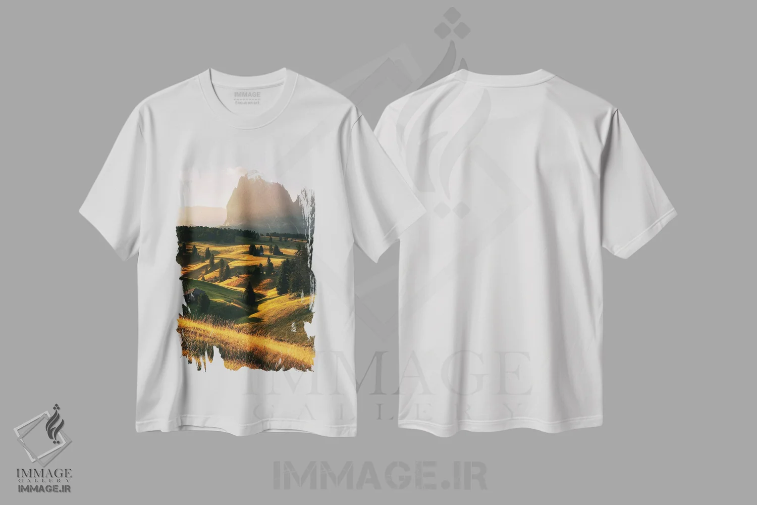 تیشرت سفید طرح دار صبح تابستانی طلایی در آلپه دی سوییسی، مدیوم اثر دنیل گاستاگر | فروشگاه ایماژ