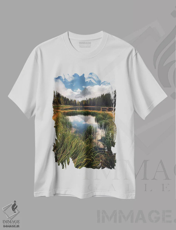 تیشرت سفید طرح دار صبح پاییزی مه آلود در دریاچه آنتورنو، مدیوم اثر دنیل گاستاگر | فروشگاه ایماژ
