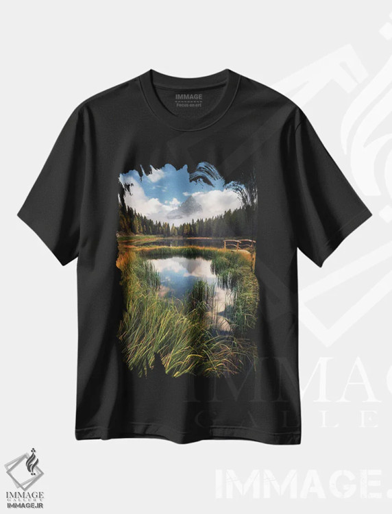 تیشرت مشکی طرح دار صبح پاییزی مه آلود در دریاچه آنتورنو، مدیوم اثر دنیل گاستاگر | immage.ir