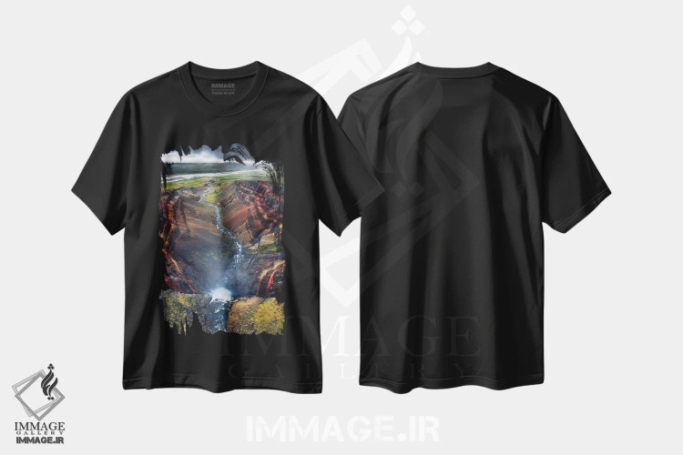 تیشرت مشکی طرح دار نمای از بالا از آبشار عظیم در شرق ایسلند، عکاسی هوایی اثر دنیل گاستاگر | فروشگاه ایماژ