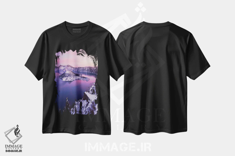 تیشرت مشکی طرح دار غروب زمستانی صورتی در دریاچه کراتر، مدیوم اثر دنیل گاستاگر | فروشگاه ایماژ