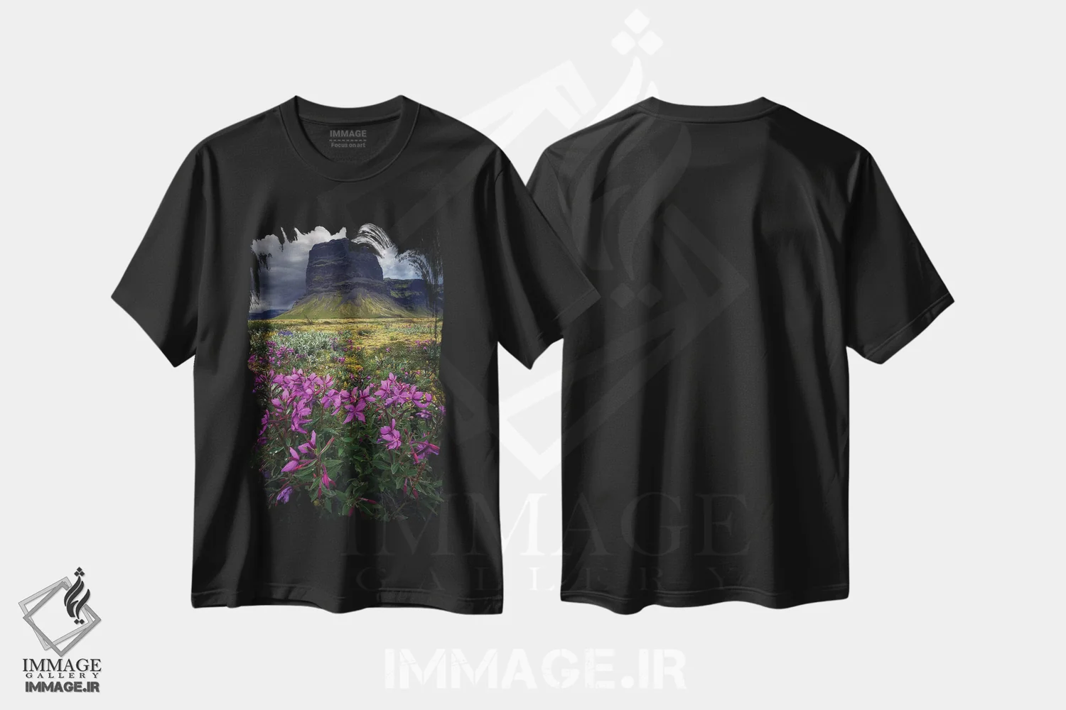 تیشرت مشکی طرح دار کوه ها و گل های ایسلند، مدیوم اثر دنیل گاستاگر | immage.ir