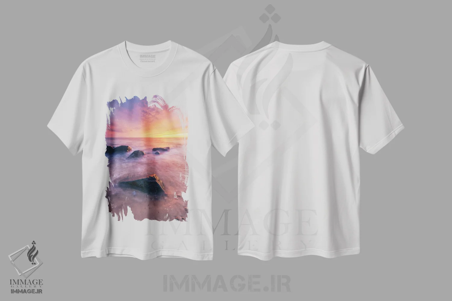 تیشرت سفید طرح دار غروب رنگارنگ در ساحل، مدیوم اثر دنیل گاستاگر | فروشگاه ایماژ