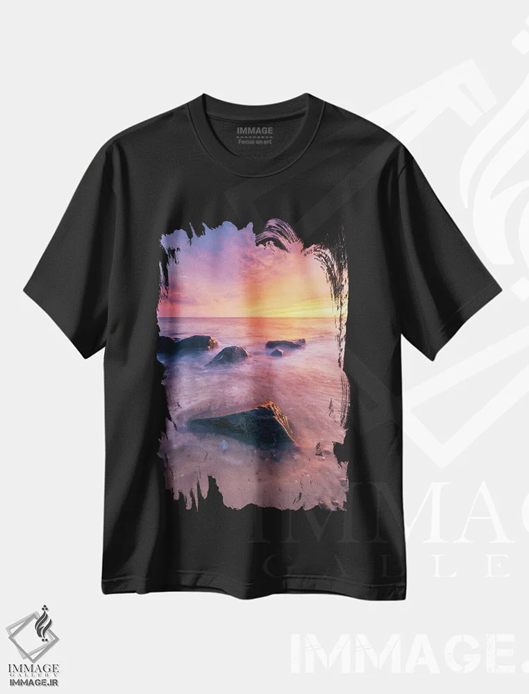 تیشرت مشکی طرح دار غروب رنگارنگ در ساحل، مدیوم اثر دنیل گاستاگر | immage.ir