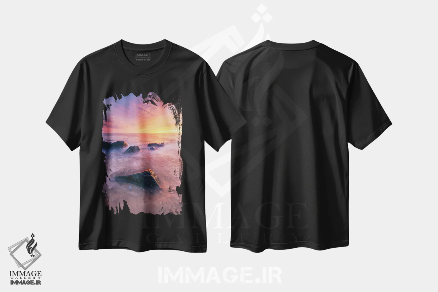 تیشرت مشکی طرح دار غروب رنگارنگ در ساحل، مدیوم اثر دنیل گاستاگر | immage.ir