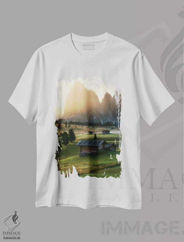 تیشرت سفید طرح دار طلوع آلپی طلایی در آلپه دی سیوسی، مدیوم اثر دنیل گاستاگر | فروشگاه ایماژ