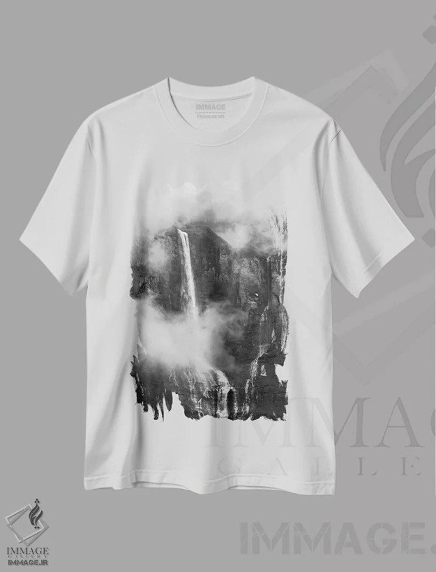 تیشرت سفید طرح دار نمای آبشار تماشایی در آلپ فرانسه، عکاسی سیاه و سفید اثر دنیل گاستاگر | فروشگاه ایماژ